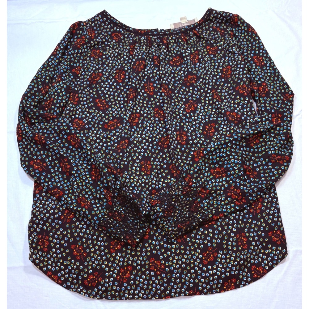 Loft Womens XS Long Sleeve Medallion Print Smocked Cuff Blouse Navy Blue Multi